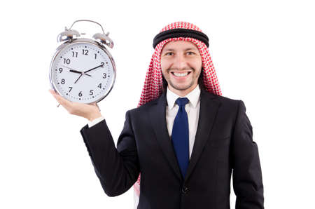 Arab man in time concept on whiteの写真素材
