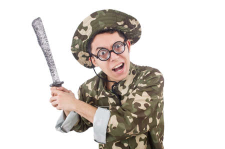 Funny soldier with knife on whiteの写真素材