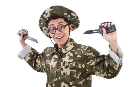 Funny soldier with knife on whiteの写真素材