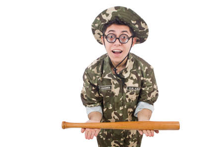 Soldier with baseball bat isolated on whiteの写真素材