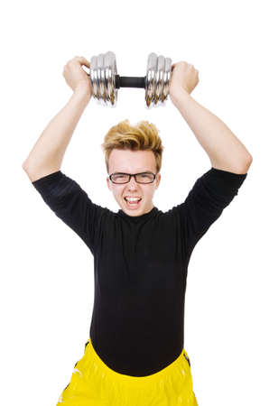 Funny guy with dumbbels on whiteの写真素材