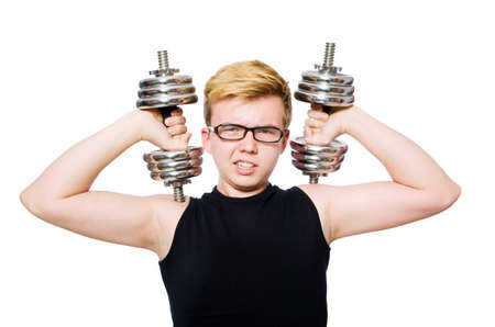 Man with dumbbells isolated on whiteの写真素材