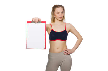 Young woman with notepad on whiteの写真素材