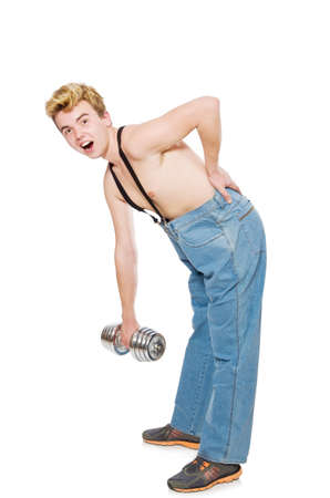 Funny man with dumbbells on whiteの写真素材