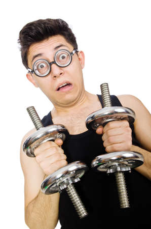 Man with dumbbells isolated on whiteの写真素材