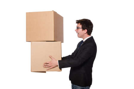 Funny man with boxes isolated on white