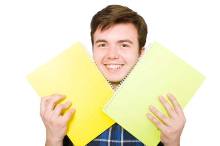 Young student with book on whiteの写真素材