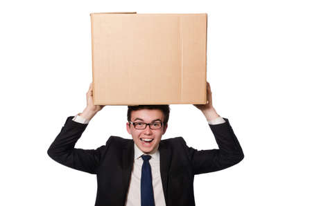 Funny man with boxes isolated on whiteの写真素材