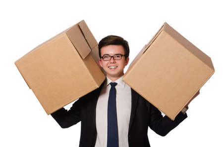 Funny man with boxes isolated on white