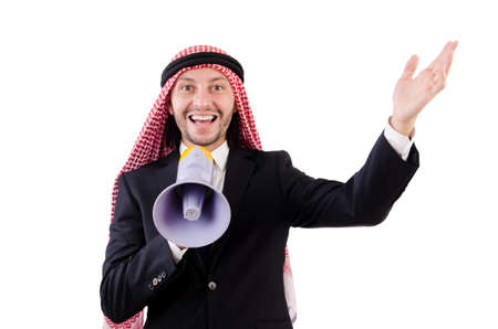 Arab yelling with loudspeaker isolated on whiteの写真素材