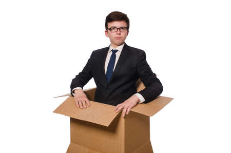 Funny man with boxes isolated on whiteの写真素材