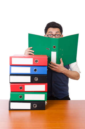 Funny man with lots of folders on whiteの写真素材