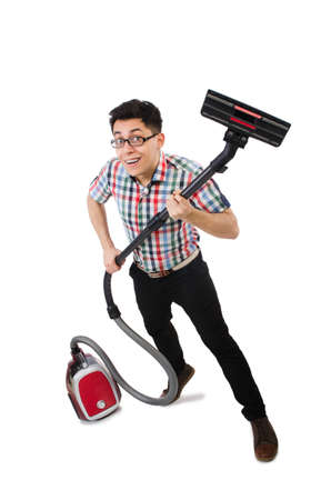 Funny man with vacuum cleaner on whiteの写真素材