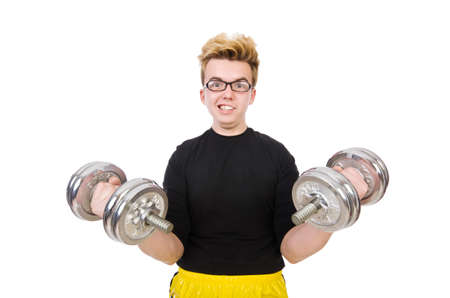 Funny guy with dumbbels on whiteの写真素材