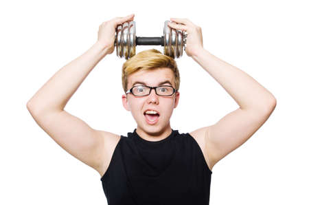 Man with dumbbells isolated on whiteの写真素材