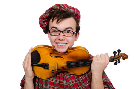 Funny scotsman with violin on whiteの写真素材