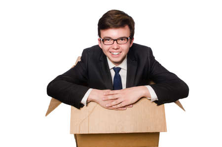 Funny man with boxes isolated on whiteの写真素材
