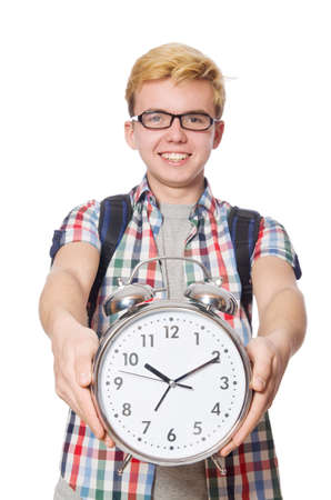 Student missing his studying deadlines on whiteの写真素材