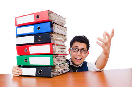 Funny man with lots of folders on whiteの写真素材