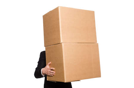 Funny man with boxes isolated on whiteの写真素材