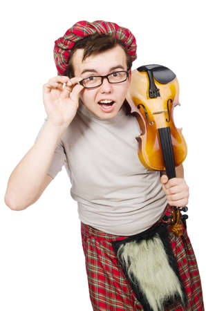 Funny scotsman with violin on whiteの写真素材