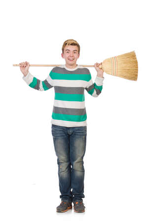 Funny man with mop isolated on whiteの写真素材