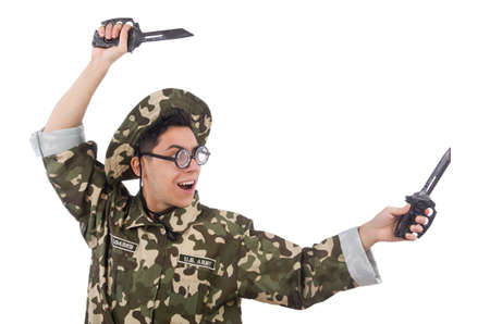 Funny soldier with knife on white