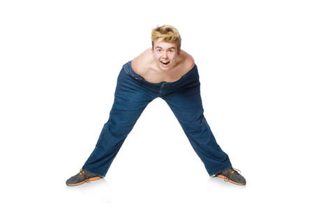 Funny man with trousers isolated on whiteの写真素材