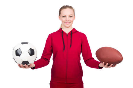 Woman with football on whiteの写真素材
