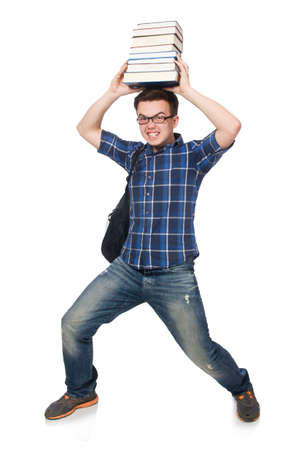 Funny student with stack of booksの写真素材