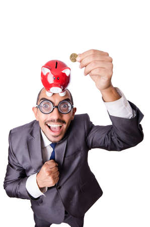 Funny man with piggybank on whiteの写真素材