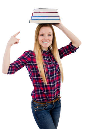 Funny student with stack of booksの写真素材