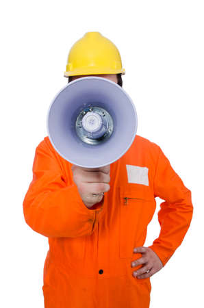 Builder with loudspeaker isolated on whiteの写真素材