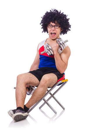 Funny guy with dumbbels on whiteの写真素材