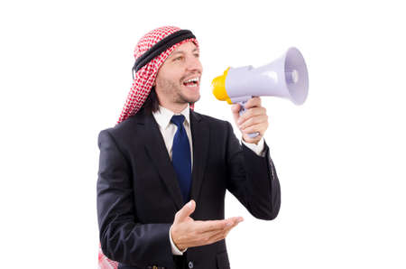 Arab yelling with loudspeaker isolated on whiteの写真素材