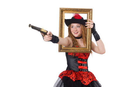Woman pirate with a gun and picture frameの写真素材