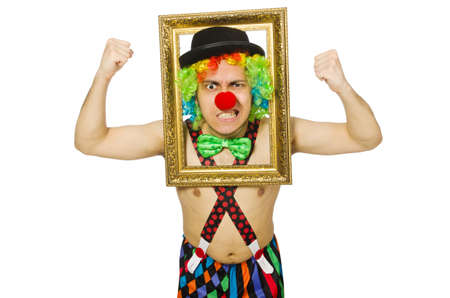 Clown with picture frame isolated on whiteの写真素材
