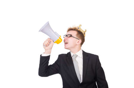 Man with crown and megaphone isolated on whiteの写真素材