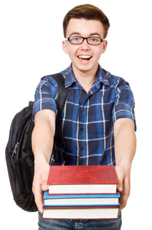 Funny student with stack of booksの写真素材