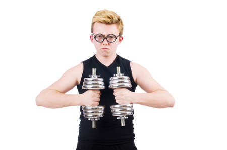 Man with dumbbells isolated on whiteの写真素材