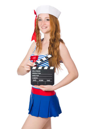 Young woman sailor with movie boardの写真素材