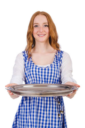 Nice attractive waitress isolated on the whiteの写真素材