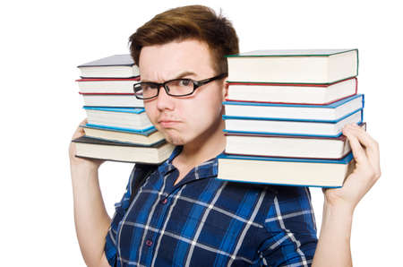 Funny student with stack of booksの写真素材