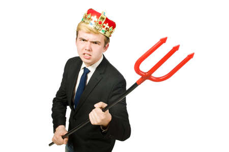Funny businessman with trident pitchfork isolated on white