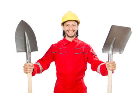 Man in red coveralls with spadeの写真素材