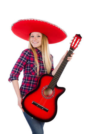 Woman in sombrero hat with guitarの写真素材