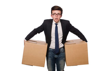 Funny man with boxes isolated on whiteの写真素材