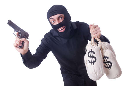 Funny criminal with gun isolated on whiteの写真素材