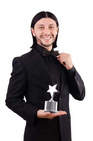 Businessman with star award isolated on whiteの写真素材
