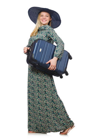 Woman ready for summer holiday isolated on whiteの写真素材